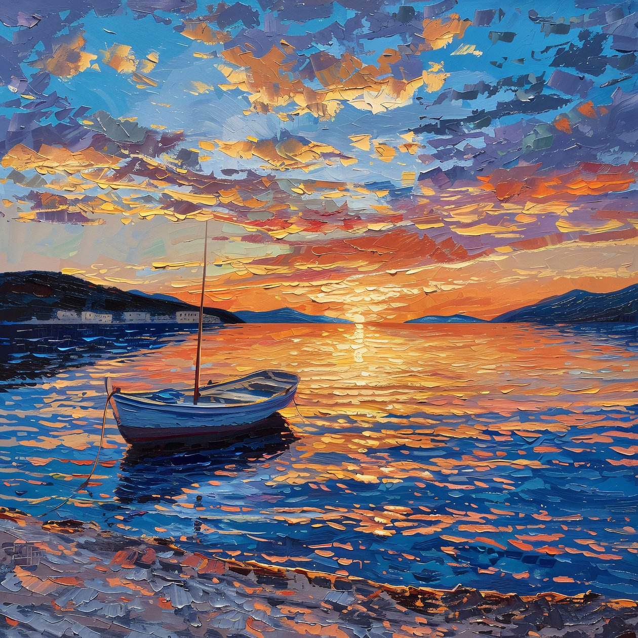 Barco en el río al atardecer Hermosa, Dalmacia, Croacia Óleo sobre lienzo, decoración de la pared para la venta de F. Abderrahim