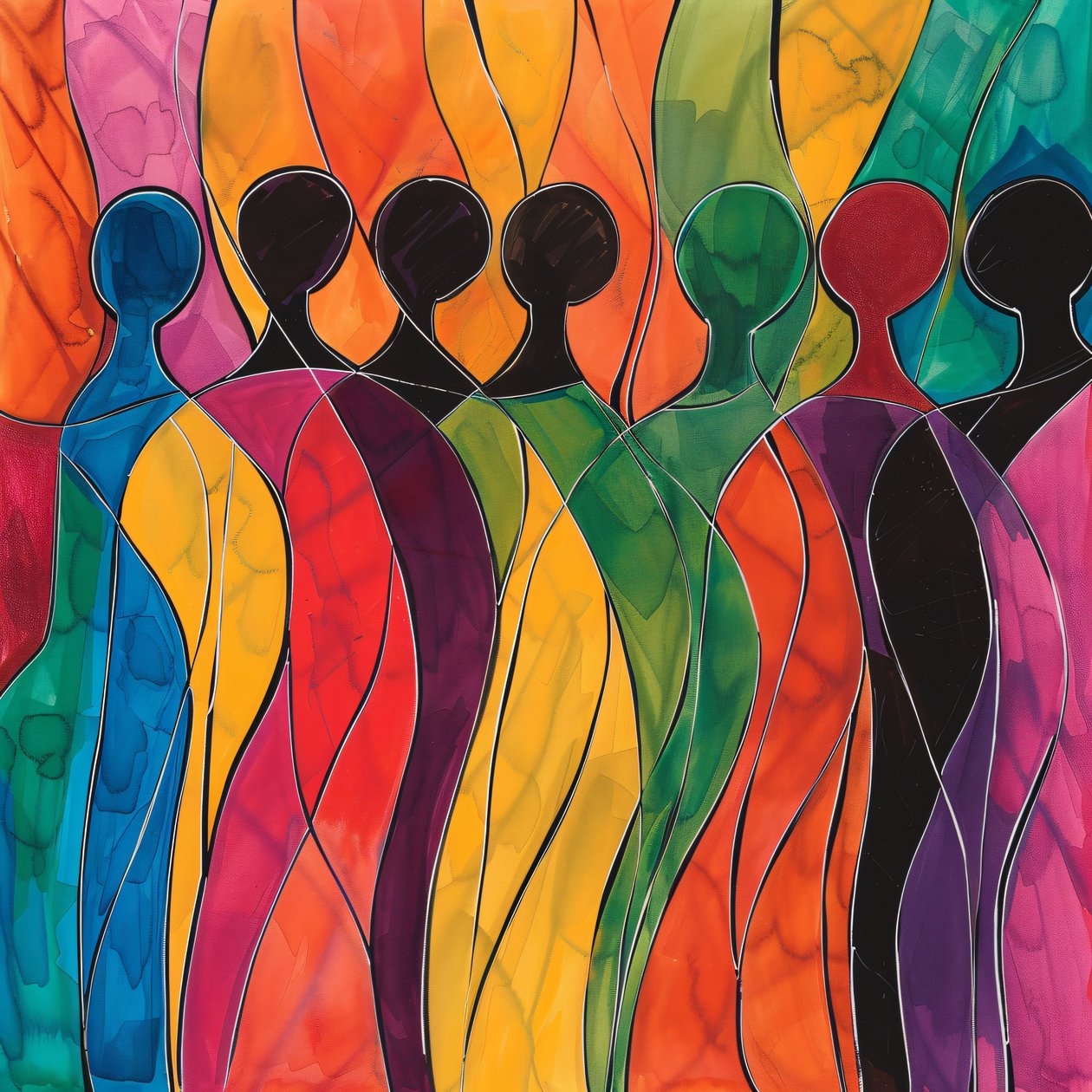 Multitud de personas en una obra de arte multicolor, impresiones en lienzo grande de F. Abderrahim