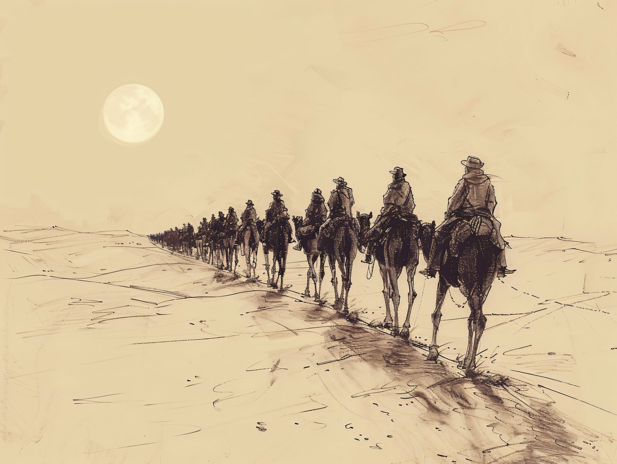 Desert Sun Procession Minimalist Single-Line Sketch, Decoración de pared en venta de F. Abderrahim
