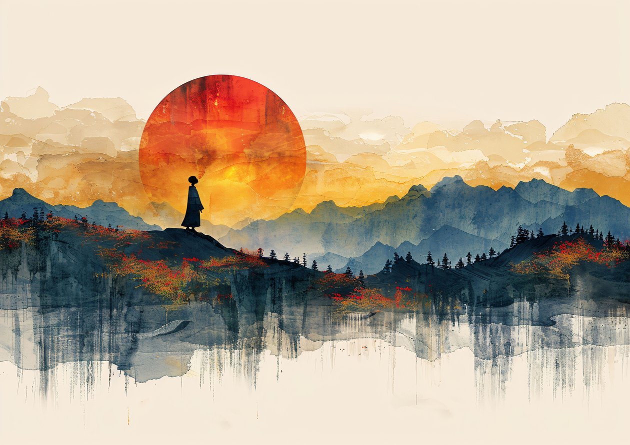 Geisha de pie, paisaje minimalista y puesta de sol, Decoración mural moderna | impresión bajo demanda de F. Abderrahim