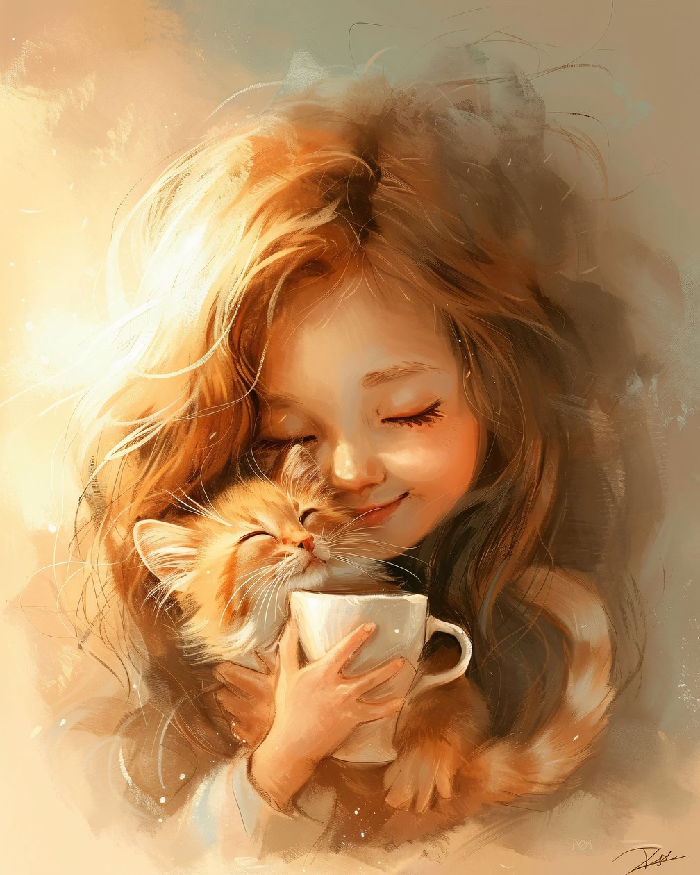 La niña, su gato y el amor por el buen café, decoración de pared enmarcada de F. Abderrahim