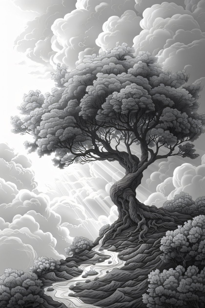 Majestuosa formación rocosa, portal natural, dramática tormenta y árbol, decoración de pared enmarcada, de F. Abderrahim