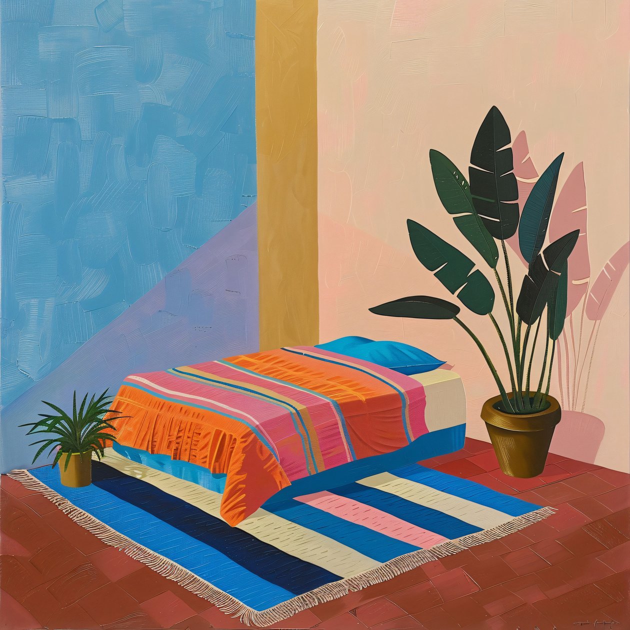Cama mexicana minimalista al estilo de David Hockney, impresiones murales por encargo de F. Abderrahim