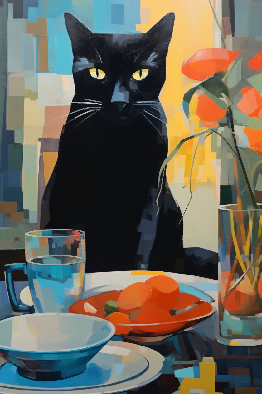 Pintura de un gato negro comiendo un plato de flores, impresiones murales por encargo de F. Abderrahim