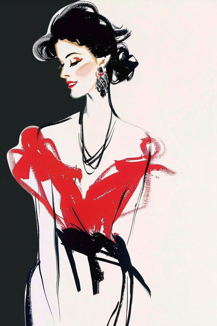 Moda Paris, Vestido rojo y negro, Estilo René Gruau, Maquillaje posando a la francesa de F. Abderrahim