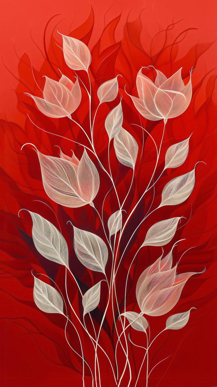 Plantas y flores dibujadas en blanco sobre fondo rojo, decoración de pared y reproducciones en lienzo de F. Abderrahim