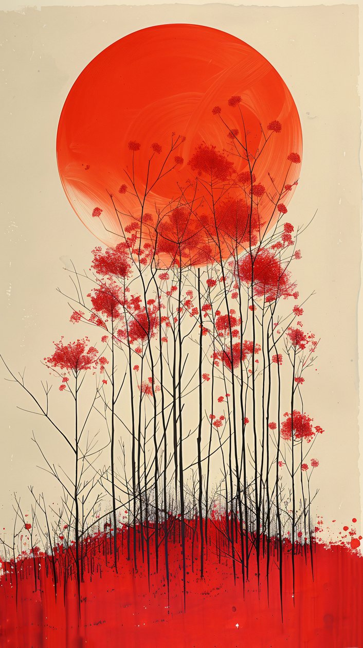 Puesta de sol en una colina de flores rojas pintura, pared vertical Decoración para la venta de F. Abderrahim