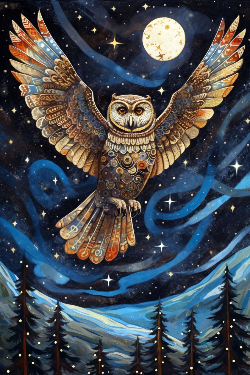El búho surcando el cielo estrellado, láminas de decoración de pared de F. Abderrahim