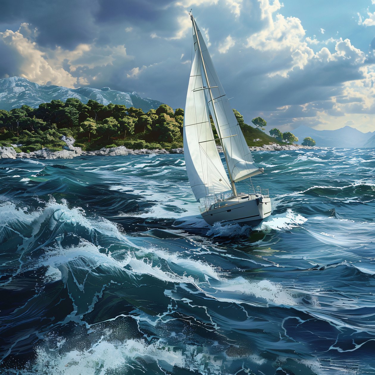 Velero blanco en la costa croata con luz natural de F. Abderrahim