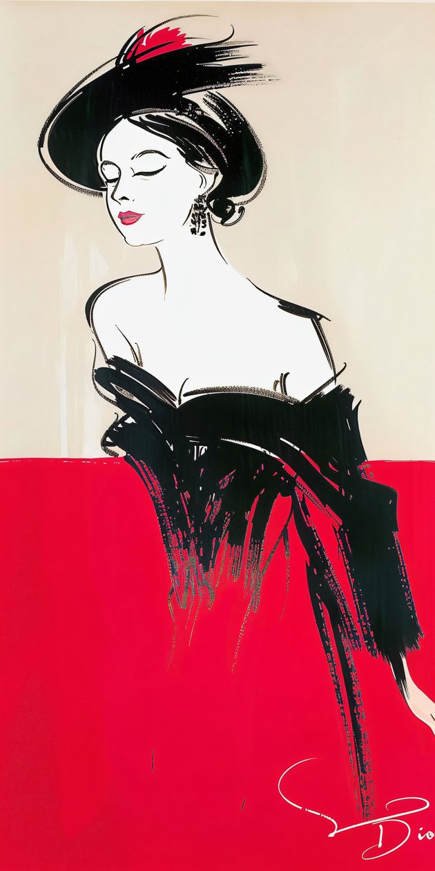 Mujer posando maquillada, vestido rojo y negro, inspiración René Gruau, moda años 60 de F. Abderrahim