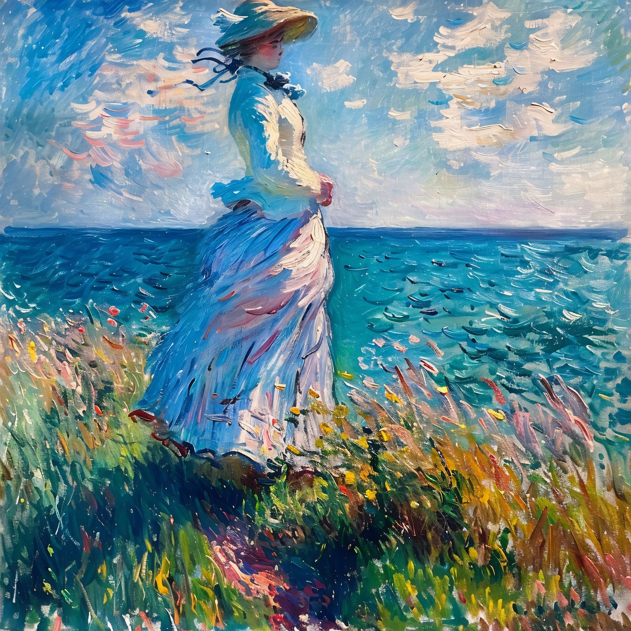 Mujer joven vestida en la naturaleza, de pie en la playa, estilo Monet de F. Abderrahim