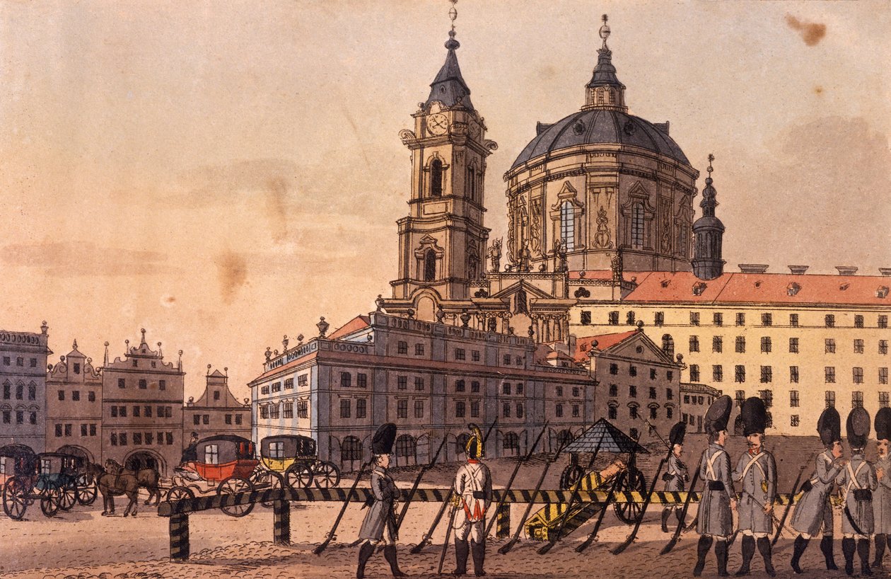 Plaza Malostranské (Pequeño Barrio) (parte inferior), c.1810 (grabado coloreado) de A. and Berka, Johann Gustav