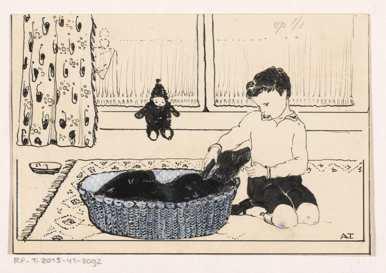 Niño acariciando a un perro de A. Tinbergen (signed by artist)