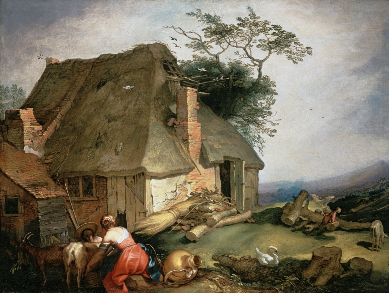 Una cabaña con campesinos ordeñando cabras de Abraham Bloemaert