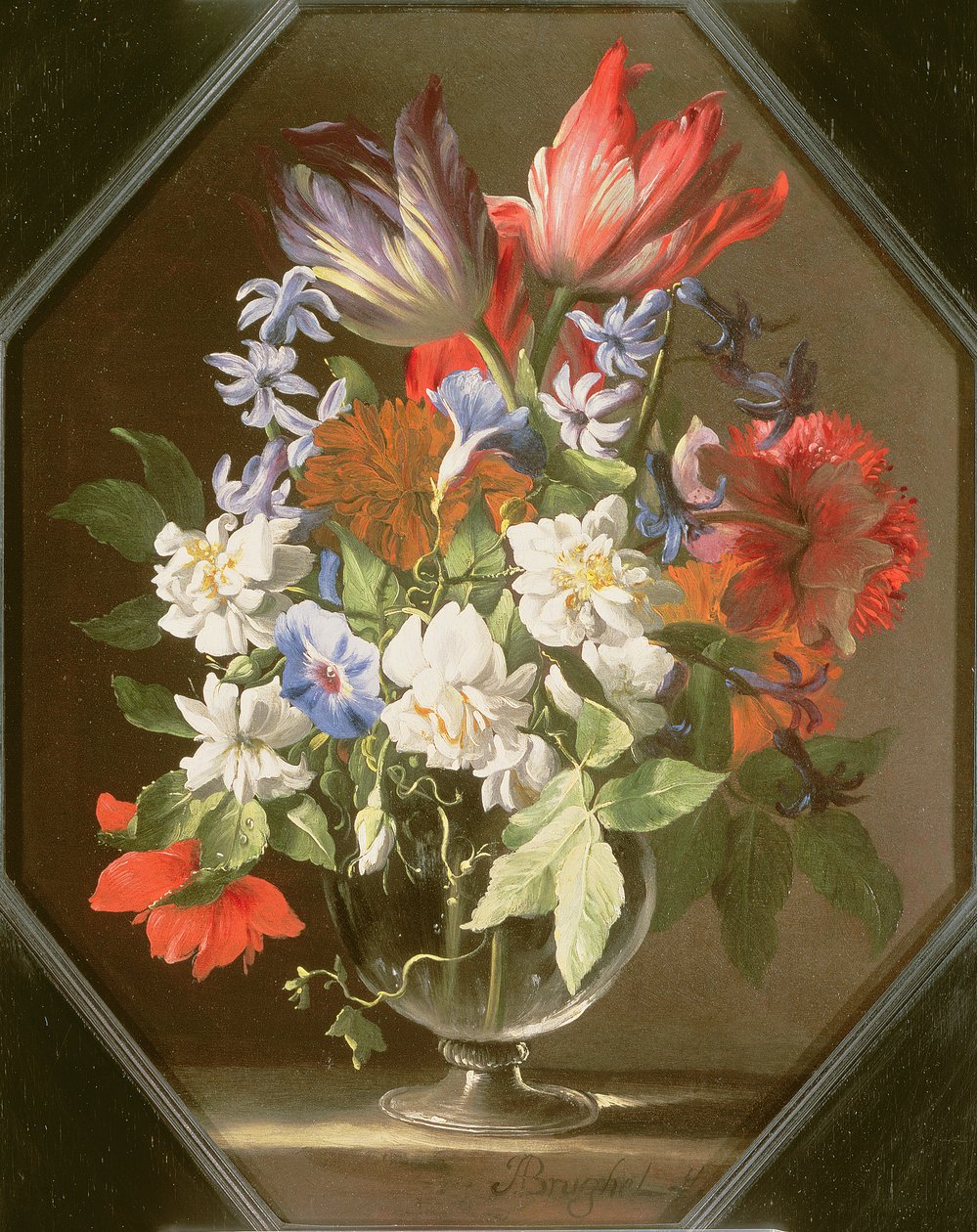 Un jarrón de flores en un borde de piedra con tulipanes, crisantemos, dalias y narcisos, siglo XVII de Abraham Brueghel