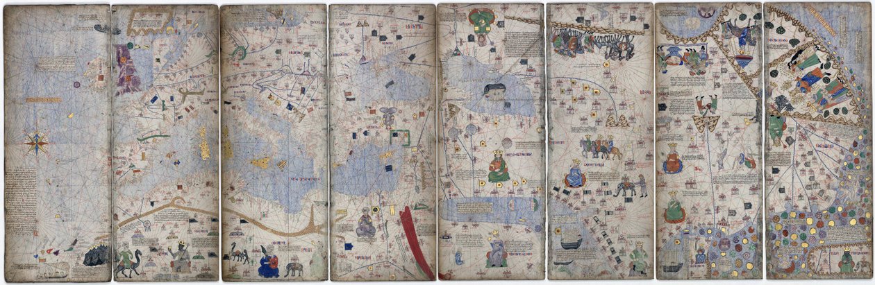 Montaje de 8 páginas del Atlas Catalán de Cresques; el mundo conocido en ese entonces de Abraham Cresques