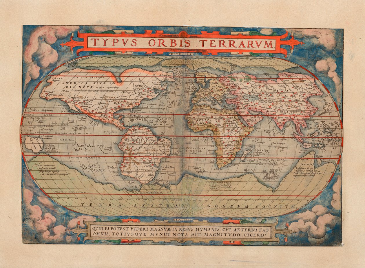 El mapa fue publicado en (1579) y muestra el mapa del mundo de Abraham Ortelius