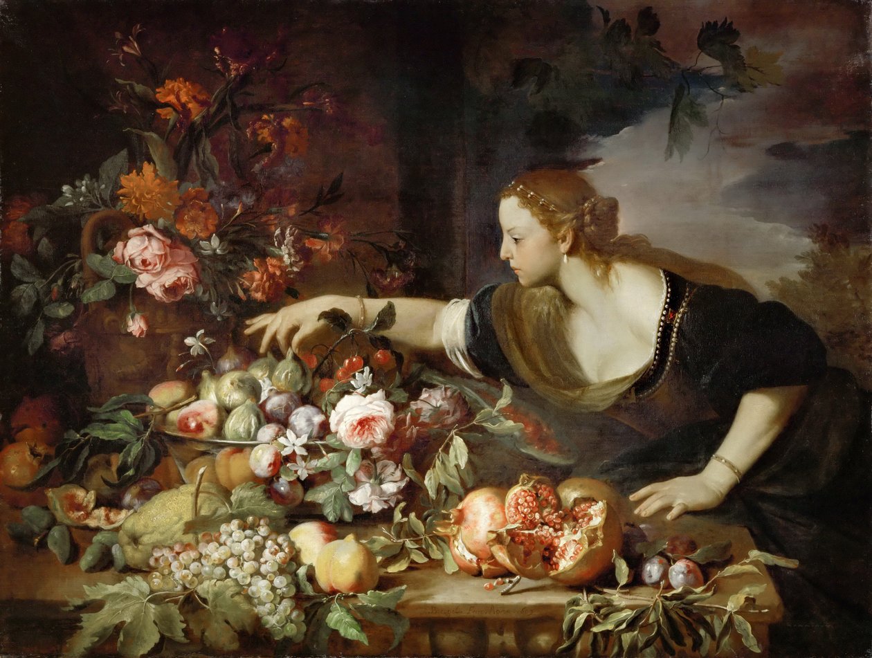 Mujer tomando fruta de Abraham Brueghel