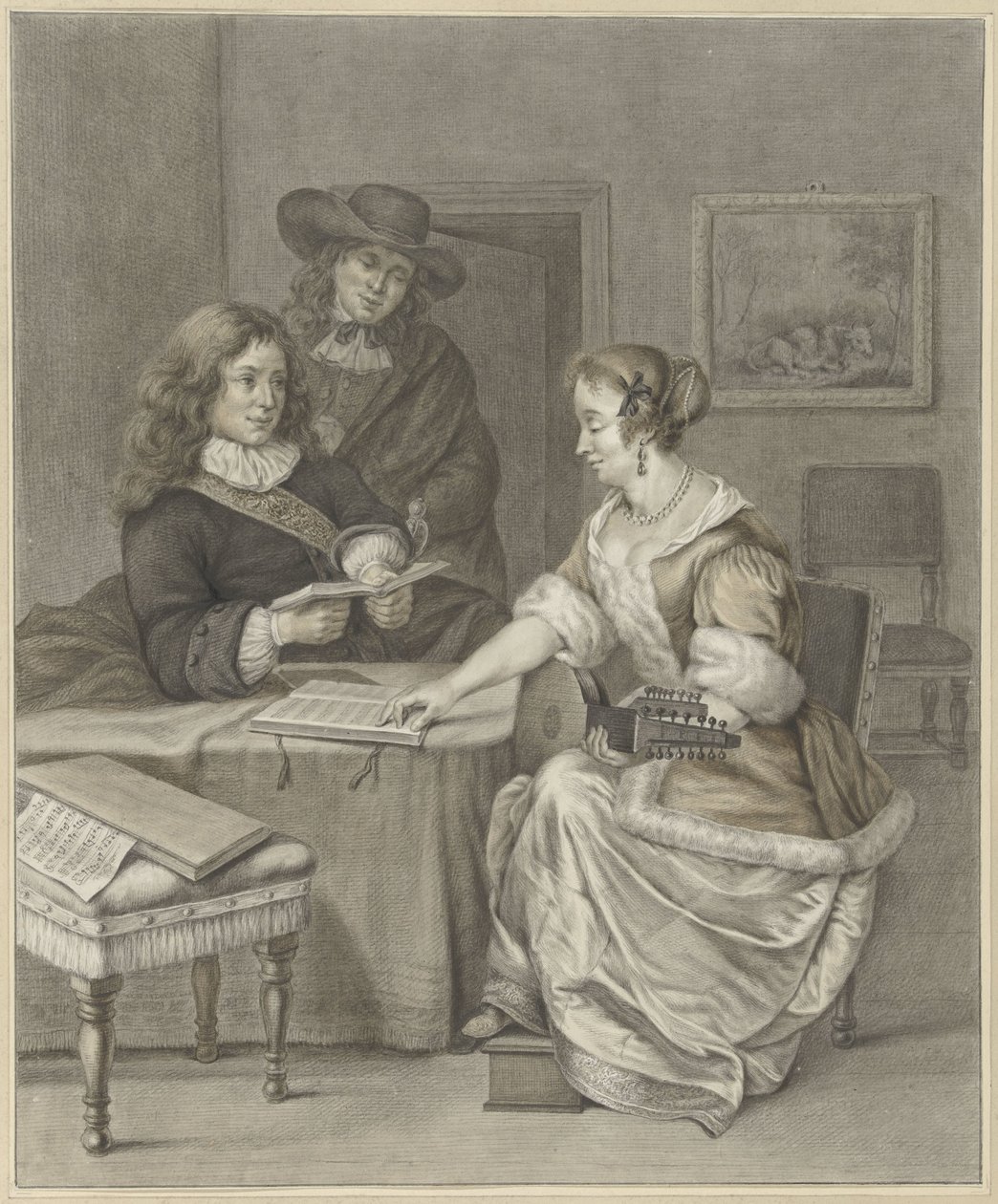 Pareja haciendo música, un hombre mira de Abraham Delfos