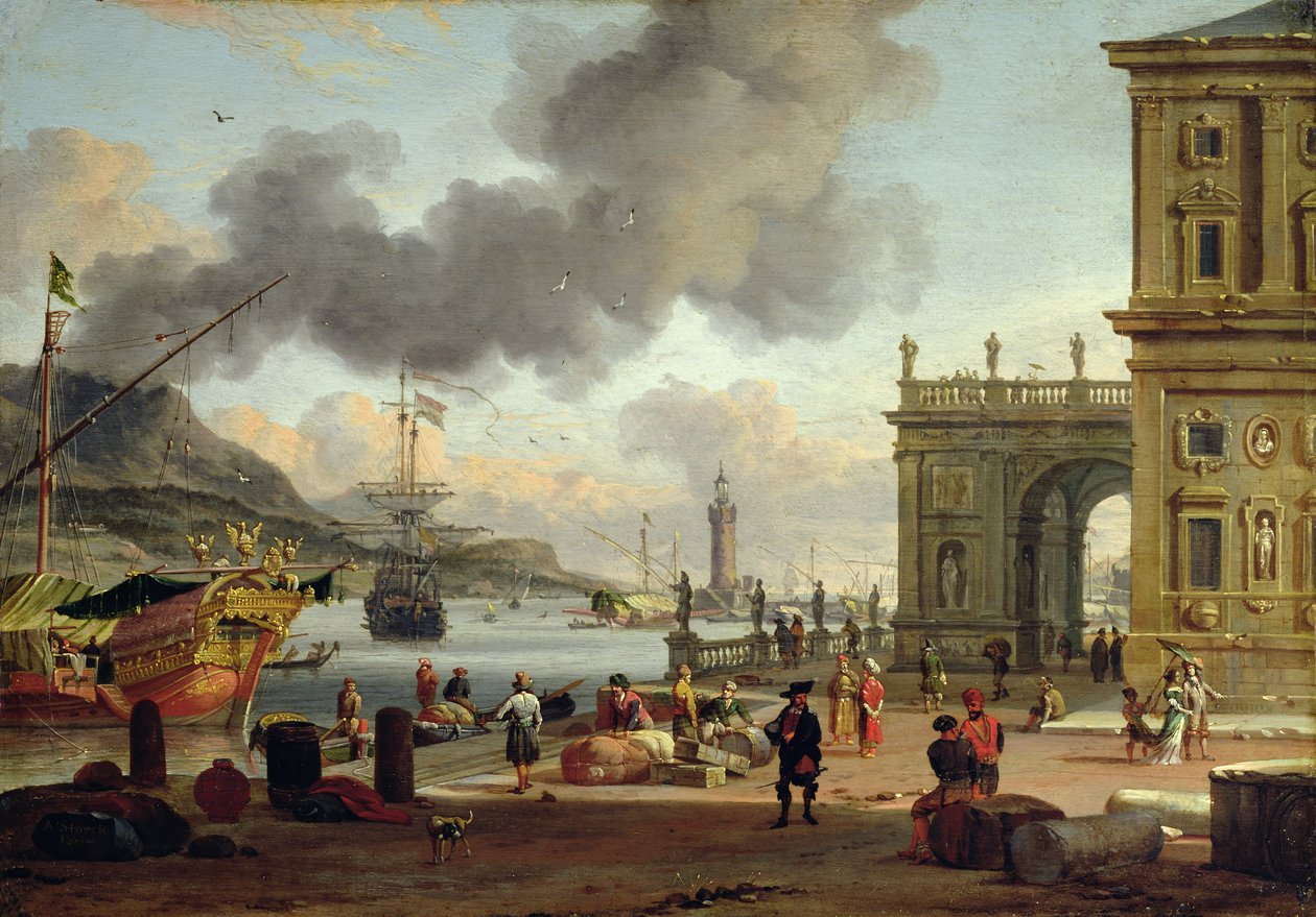 Escena de puerto mediterráneo de Abraham Storck