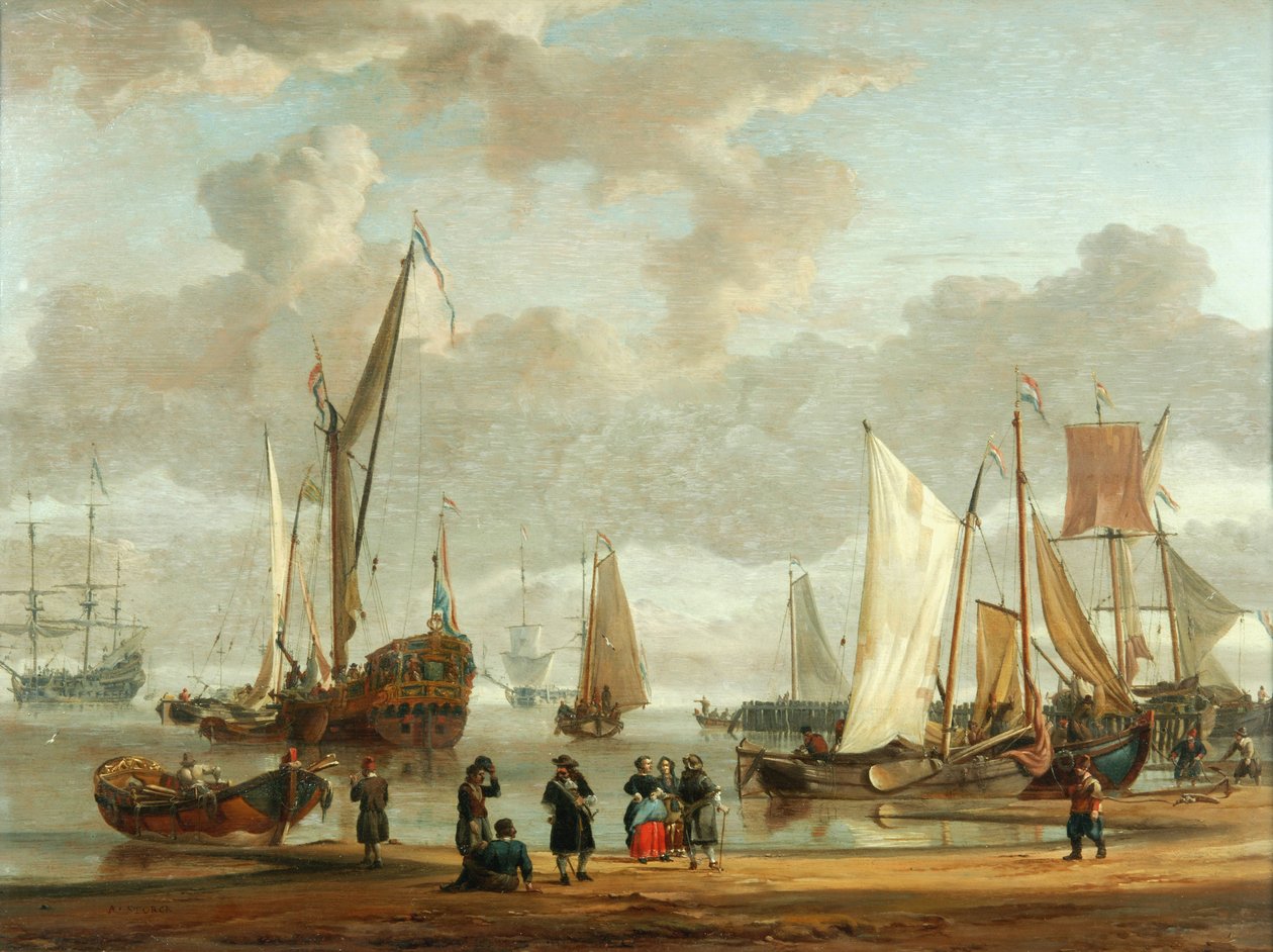 Escena costera (óleo sobre tabla) de Abraham Storck