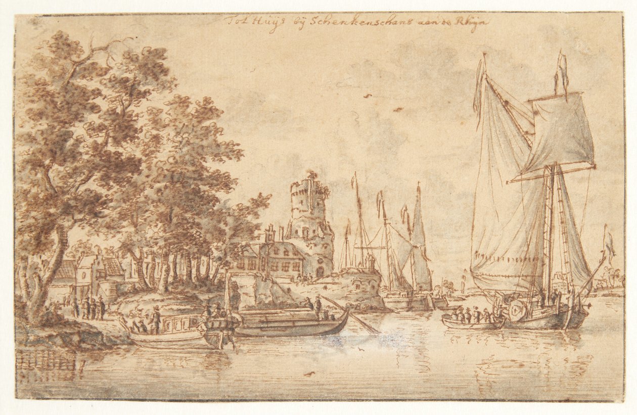 Paisaje del Rin con castillo y barcos de Abraham Storck