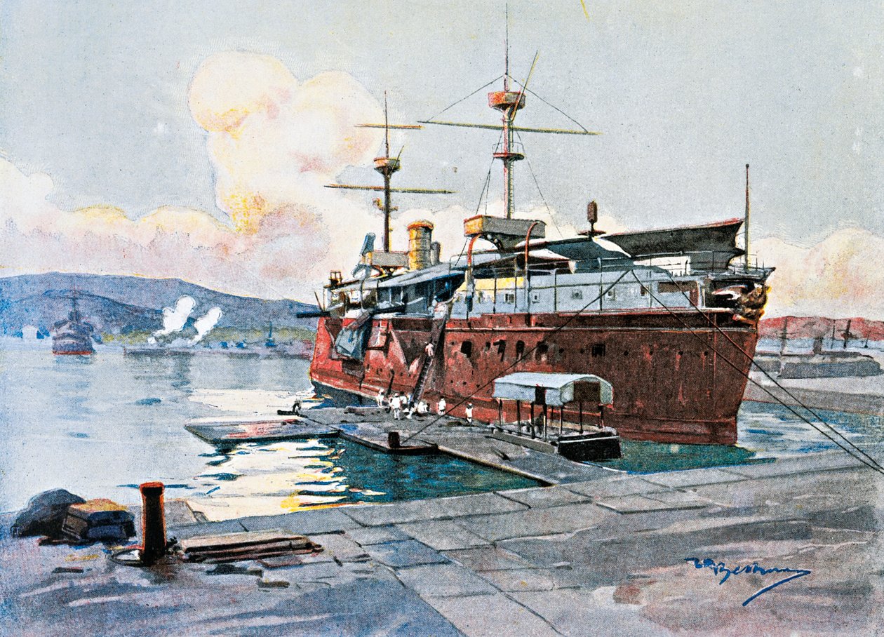 El viejo barco Castelfidardo en La Spezia de Achille Beltrame