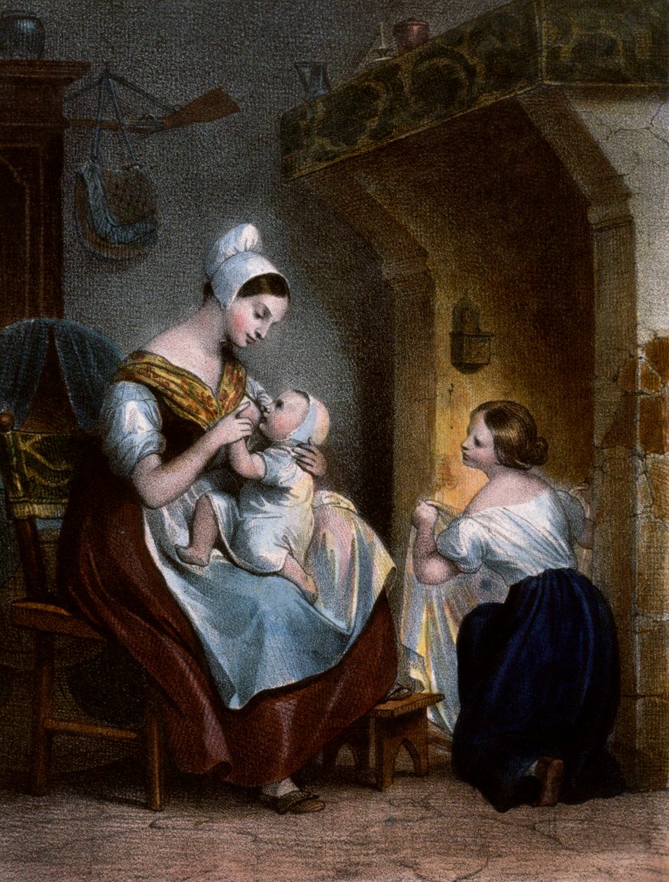 Enfermera amamantando a un bebé. Litografía, c.1850 de Achille Devéria