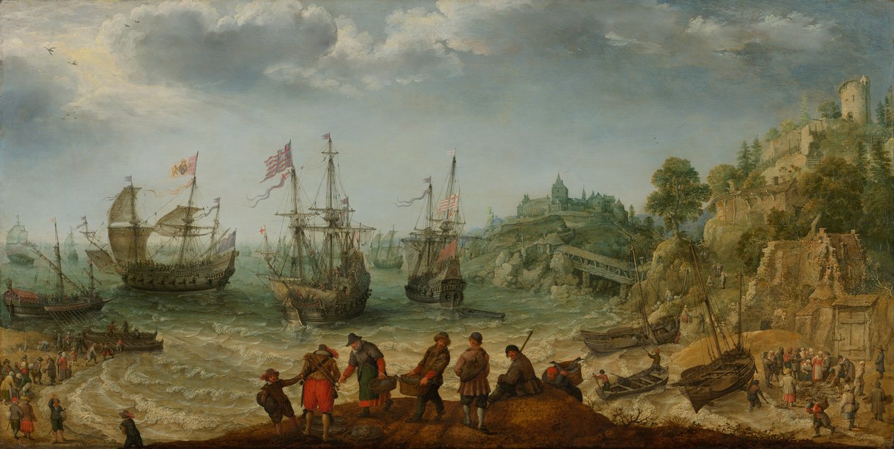 Barcos frente a una costa rocosa de Adam Willaerts
