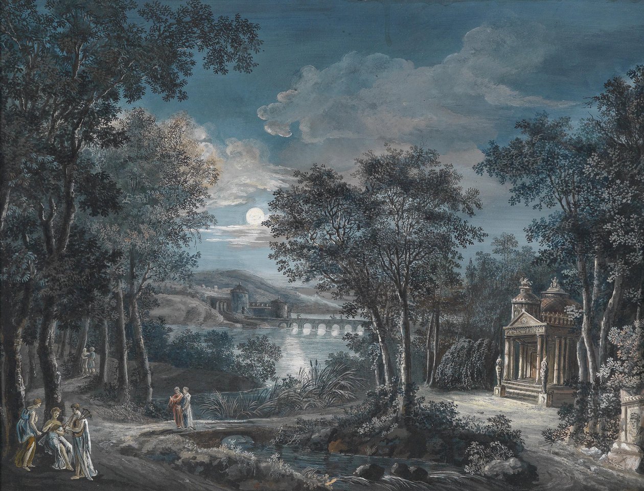 Paisaje de parque con una tumba, castillo y puente sobre un estanque a la luz de la luna de Adelsheim