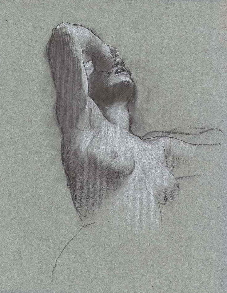 Una mujer desnuda, medio cuerpo, con la mano levantada a los ojos de Adolf Hiremy Hirschl