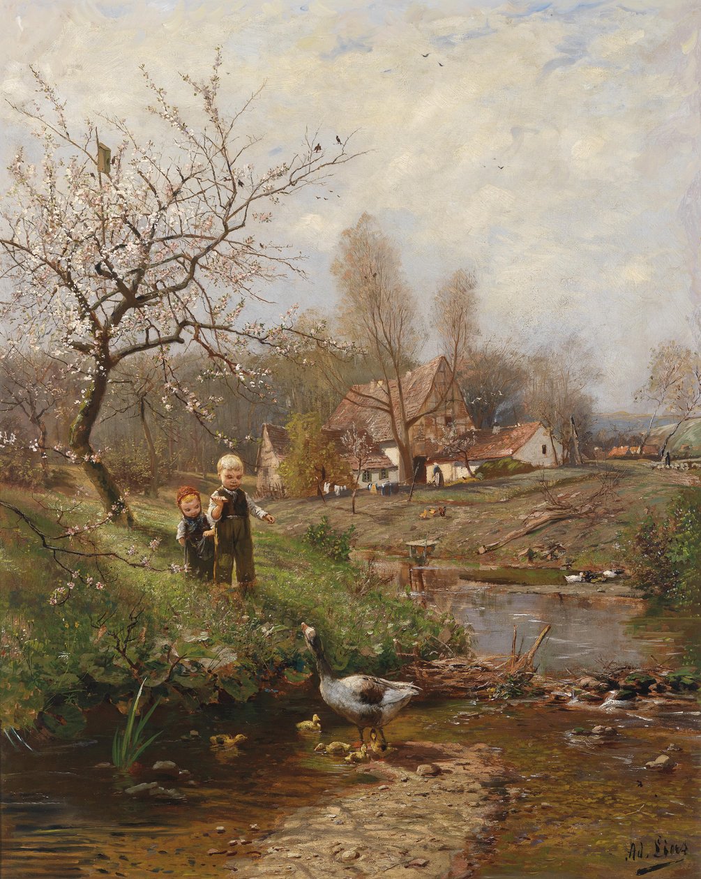 Paisaje primaveral con dos niños y gansos de Adolf Lins