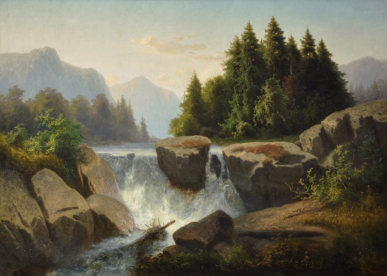 Paisaje montañoso con cascada, c. 1853 de Adolf Kosárek