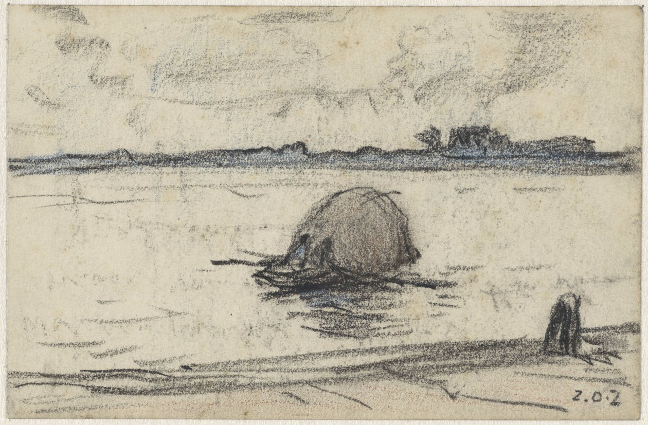 Barcaza con heno en un río de Adolf le Comte
