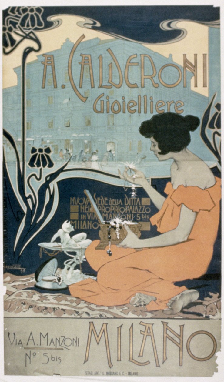 Anuncio de "A. Calderoni, Joyero, Milán". de Adolfo Hohenstein