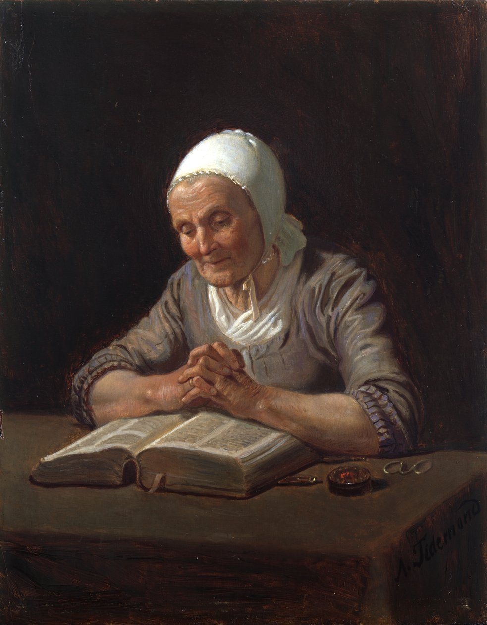 Anciana leyendo (óleo sobre tabla) de Adolph Tidemand