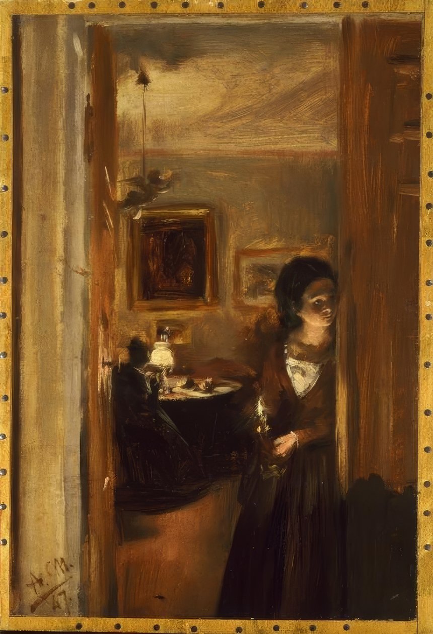 Sala de estar con la hermana de Menzel de Adolph Menzel