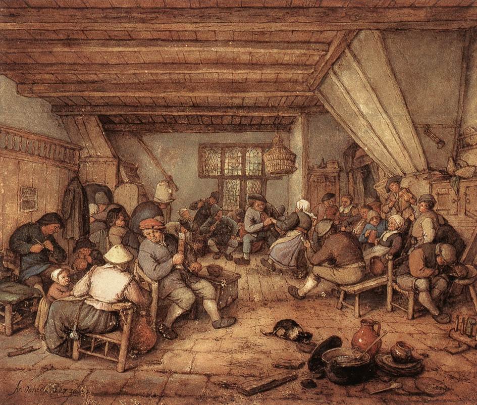 Campesinos bailando, bebiendo y tocando música en una taberna de Adriaen Jansz. van Ostade