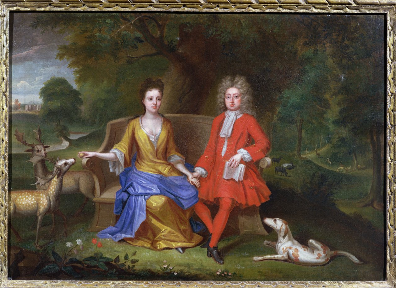 Retrato de Sir Charles Shuckburgh y su esposa, Diana, con Shuckburgh Hall, Warwickshire en el fondo, c.1690 de Adriaen van Diest