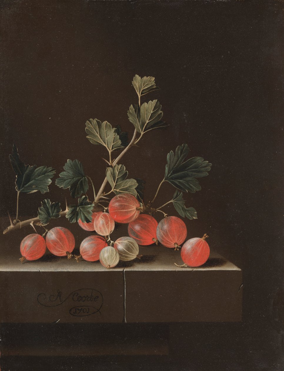 Grosellas en una mesa, 1701 de Adrian Coorte