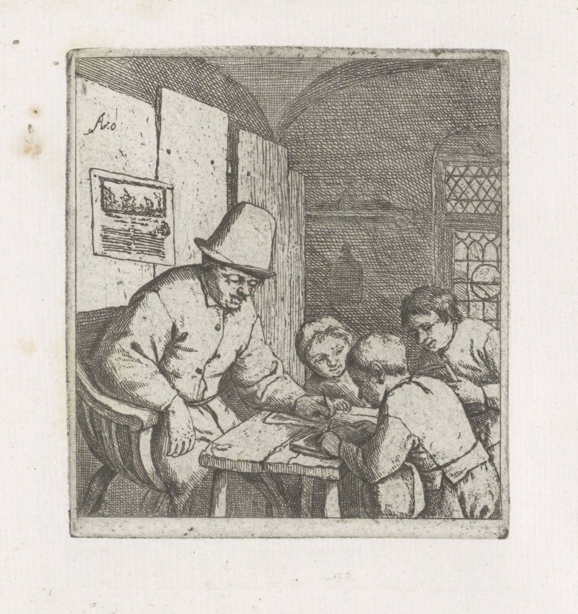 Tres estudiantes con un maestro de escuela de Adriaen van Ostade