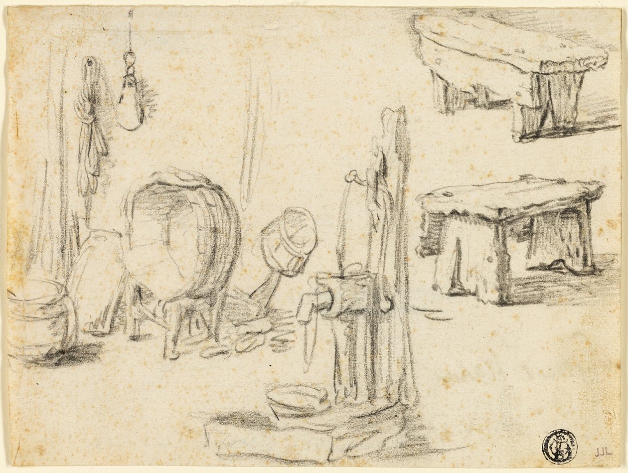 Bocetos de bomba, lavabo, bancos de Adriaen van Ostade