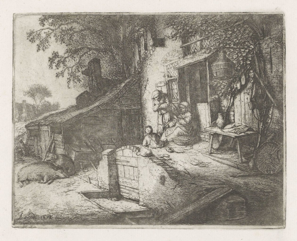 Mujer girando frente a una casa de Adriaen van Ostade
