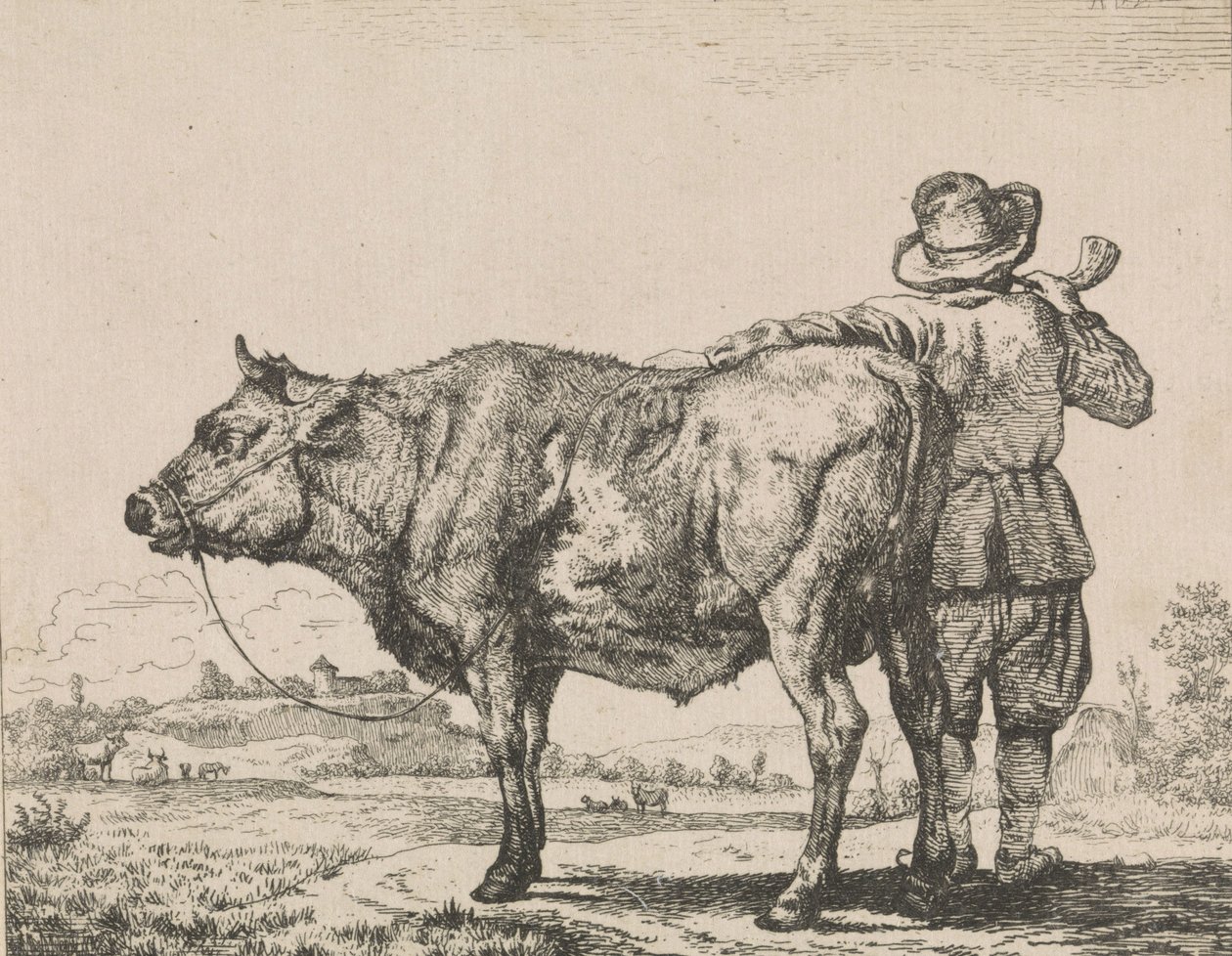 Hombre de pie con toro de Adriaen van de Velde