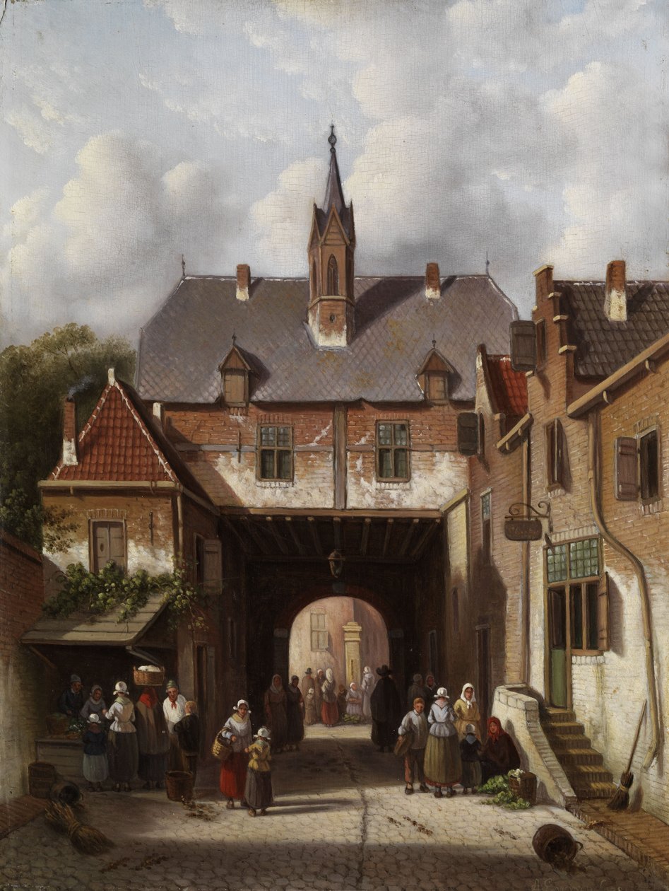 Mercado bajo un edificio de puerta de Adrianus Eversen