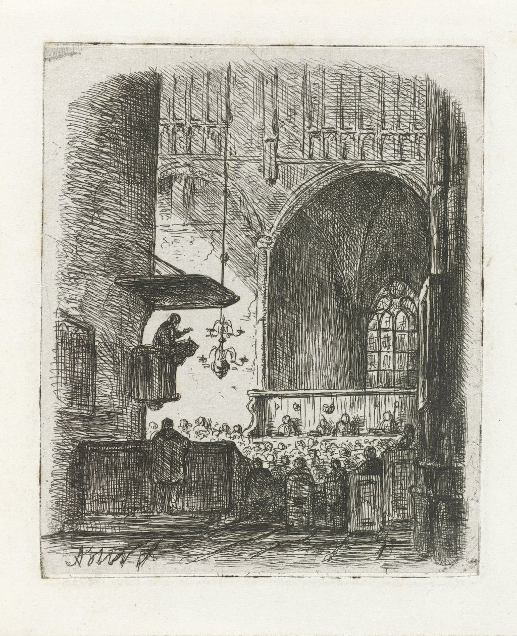 Interior de la iglesia con servicio religioso de Adrianus Wilhelmus Nieuwenhuyzen