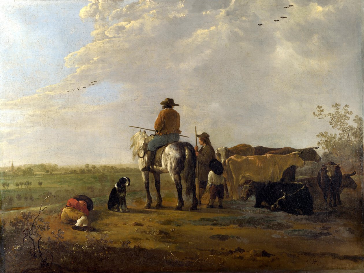 Un paisaje con jinete, pastores y ganado de Aelbert Cuyp