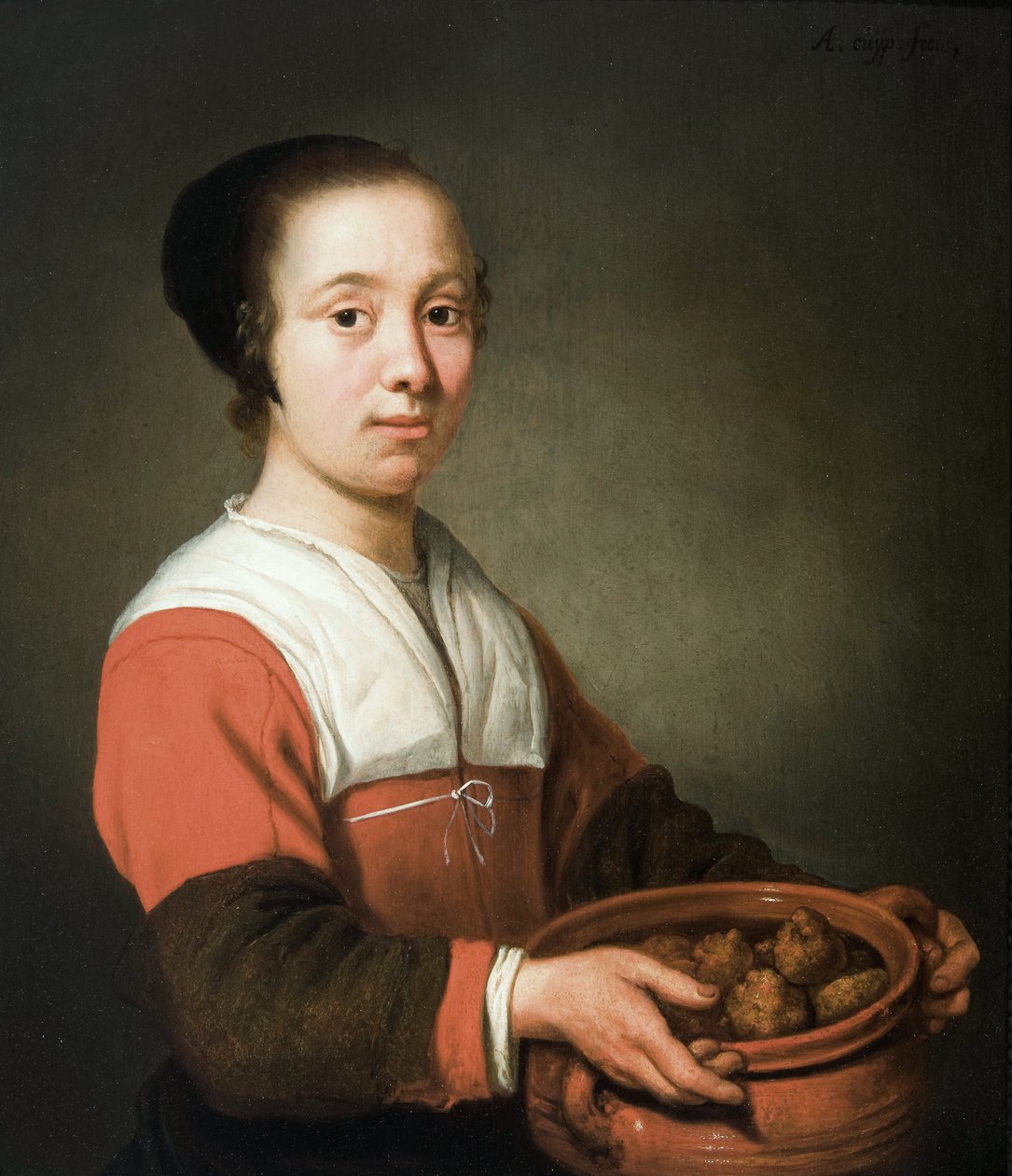 Joven mujer con una olla llena de buñuelos de Aelbert Cuyp