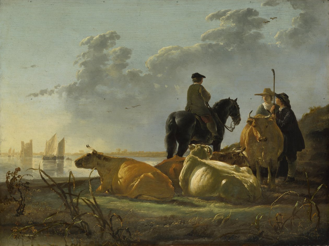 Campesinos con cuatro vacas junto al río Merwede de Aelbert Cuyp