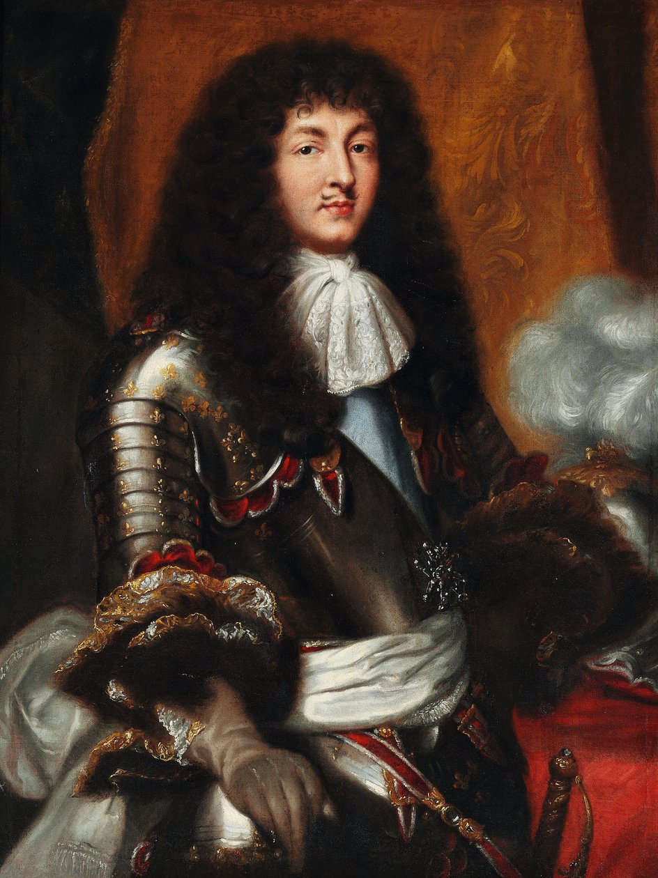 Luis XIV con peluca oscura de fondo completo y armadura de Pierre Mignard